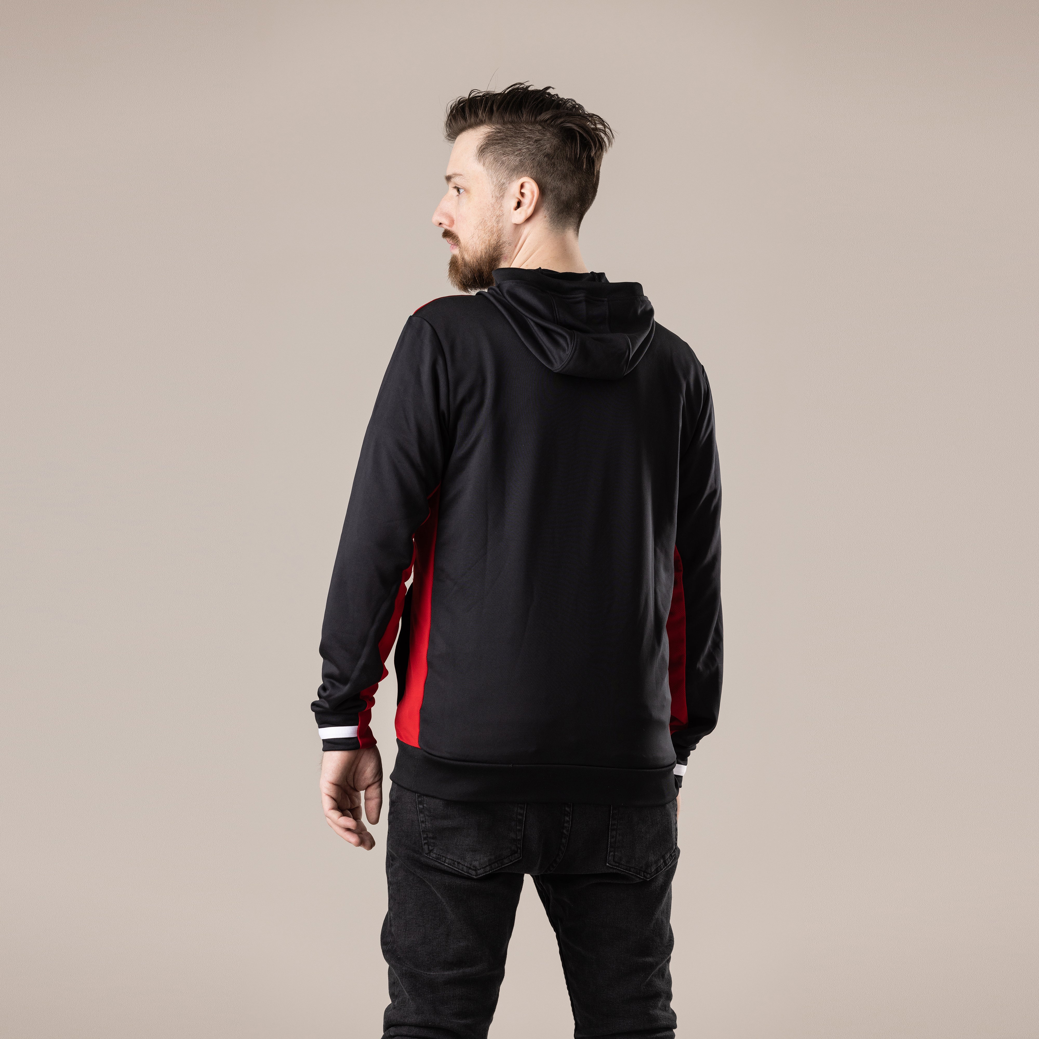 Black hoodie with outlet red stripes on sleeves